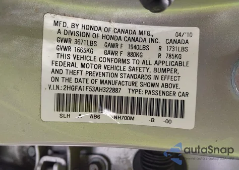 2010 Honda Civic Lx z USA, uszkodzony, nr VIN 2HGFA1F53AH322887